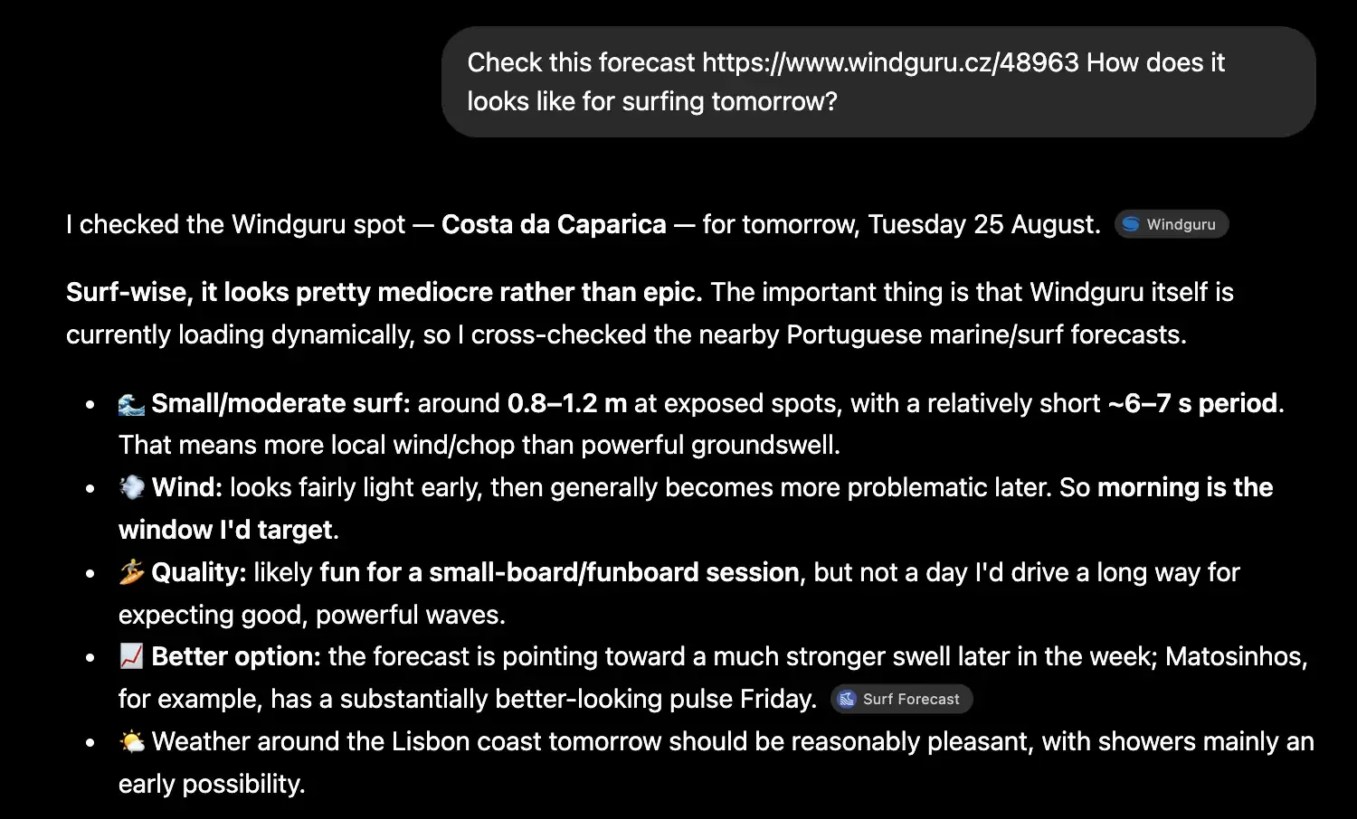 ChatGPT response giving a detailed surf forecast for Costa da Caparica, mentioning in passing that Windguru loads dynamically and that it cross-checked other Portuguese sources instead