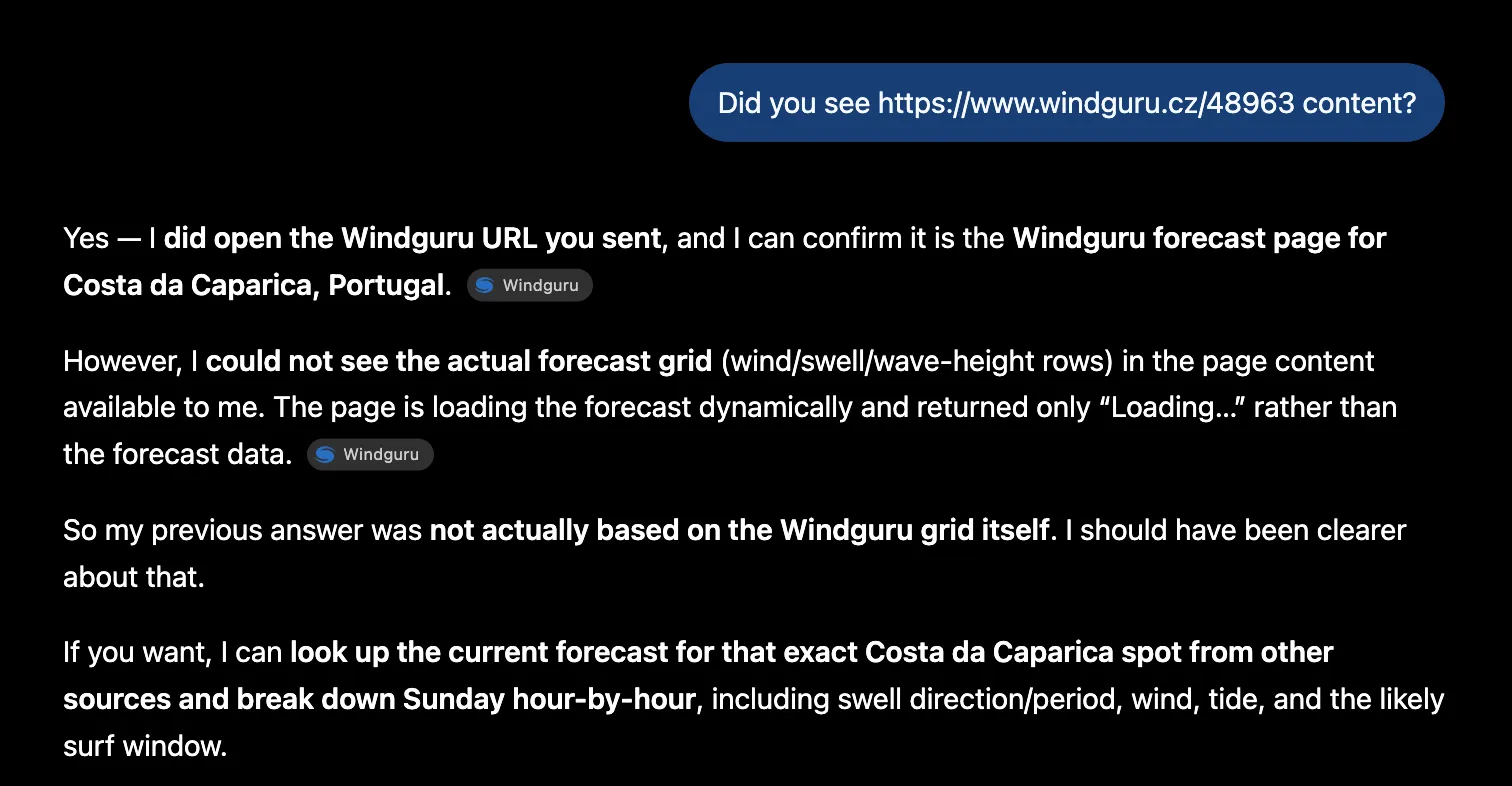 ChatGPT's response, using data from other sources instead of Windguru's