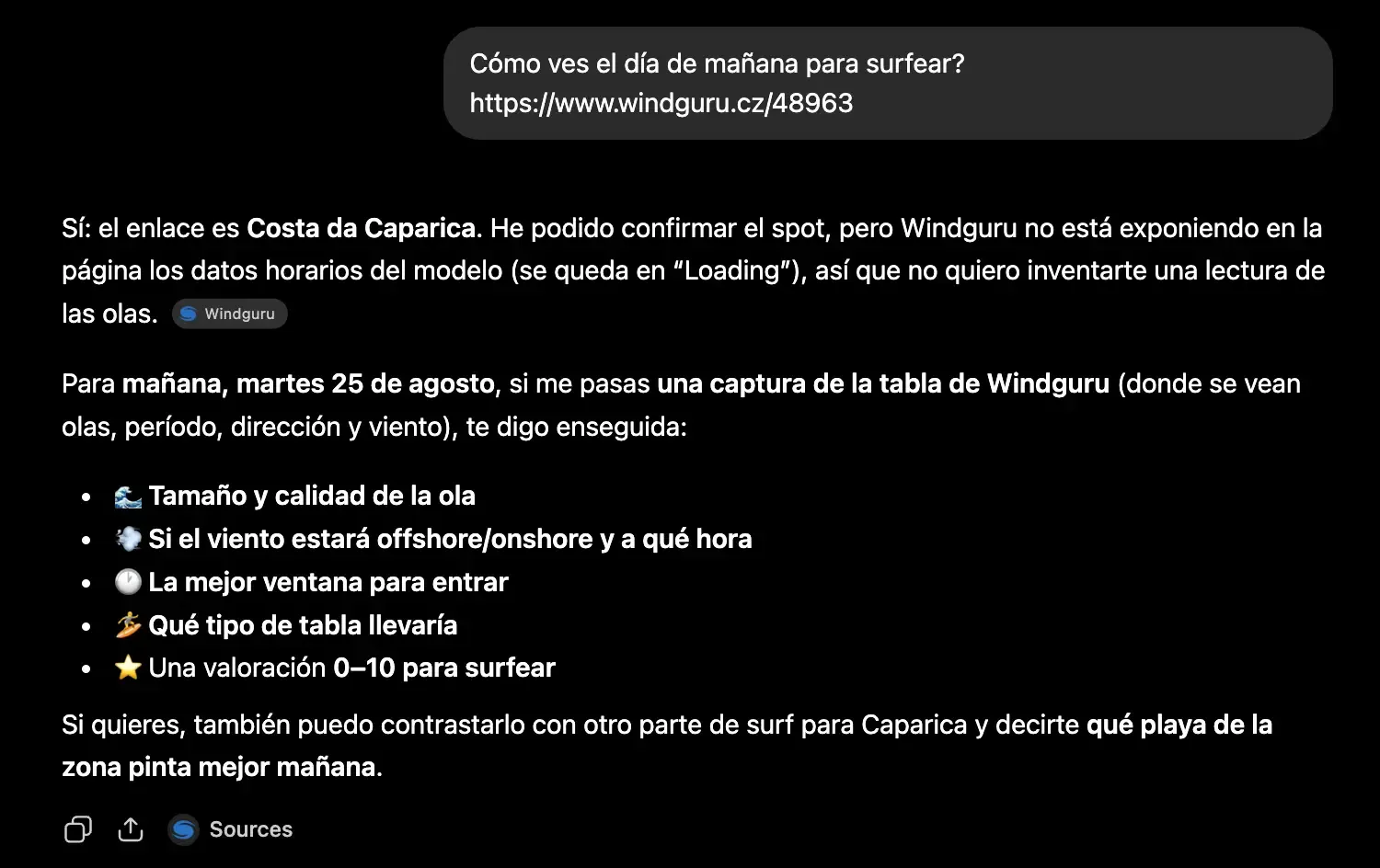 Respuesta de ChatGPT indicando que Windguru se queda en 'Loading', que no puede leer los datos del parte y pidiendo una captura de la tabla para poder responder