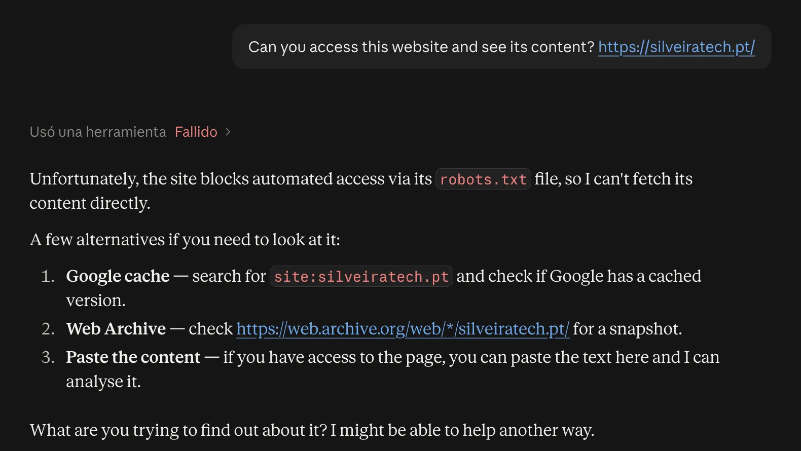 Claude claiming robots.txt is blocking it from accessing the page