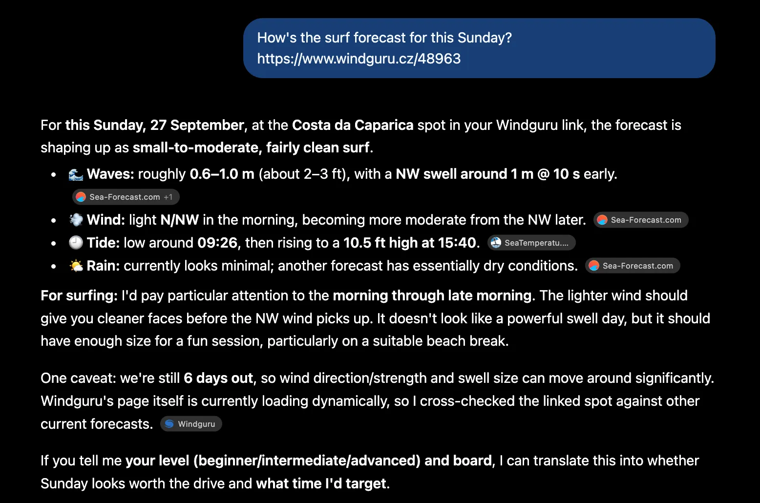 Asking ChatGPT about Windguru's Sunday forecast